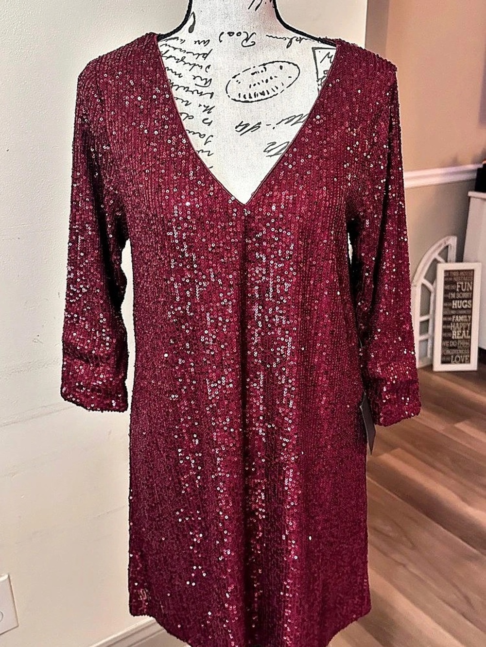 Lulus All Nighter Burgundy Sequin Shift Dress Size Small